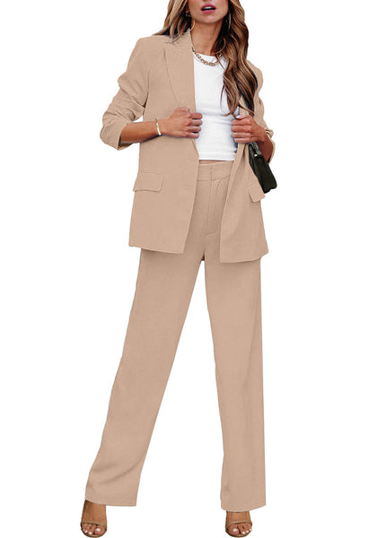Rugby Tan Women's Business Casual 2 Piece Blazer Jacket Straight Leg High Waisted Pants Suits
