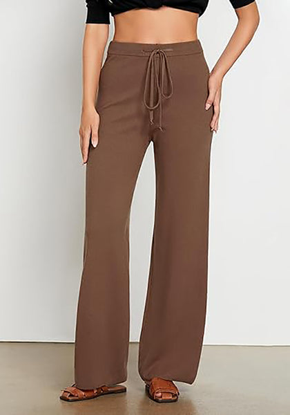 Coffee Women's Full-Length Wide Leg Stretch Casual Pants Elastic Waist Relaxed Fit