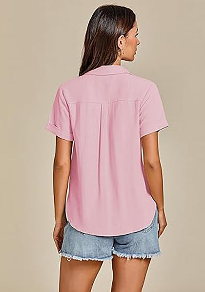 Pink for Women's Lapel Button Front Short Sleeve Top Casual Blouse Button-Down Shirt