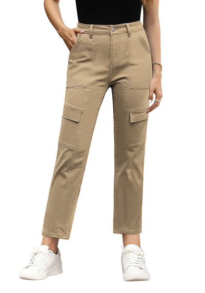 Light Taupe Cargo High Waisted Straight Leg Stretchy Distressed Denim Pants for Women