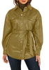 Khaki Women's Long Sleeve Faux Fur Belted Biker Moto Coat Leather