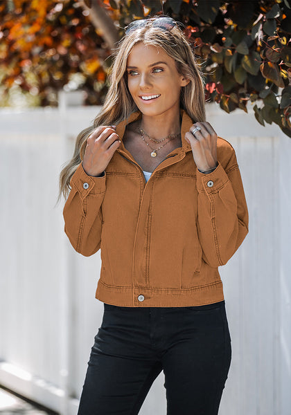 Almond Brown Women's Brief Relaxed Trucker Croped Zip Up Denim Jackets with Pockets