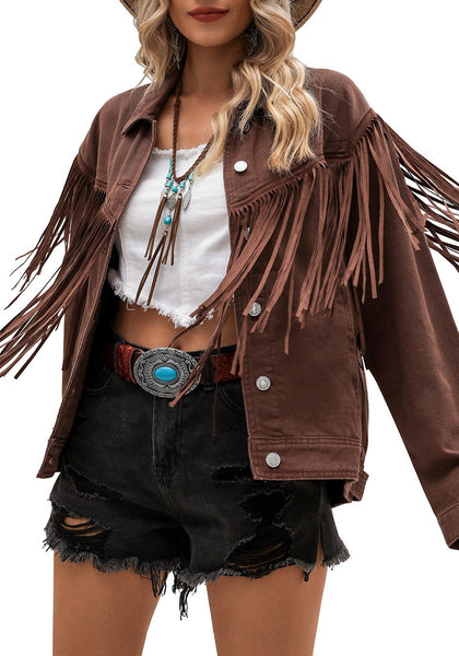 Chocolate Brown Women's Distressed Denim Jacket Western Cowgirl Trucker Vintage