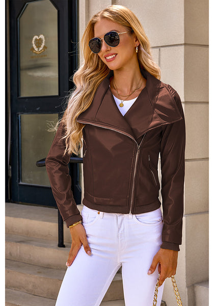 Cappuccino Brown Women's Faux Leather Long Sleeve Motorcycle Biker Warm Jacket