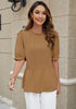 Tobacco Brown 2023 Blouses for Women Dressy Casual Peplum Tops Puff Sleeve Ruffle Mock Neck Dress Shirt Flowy Summer