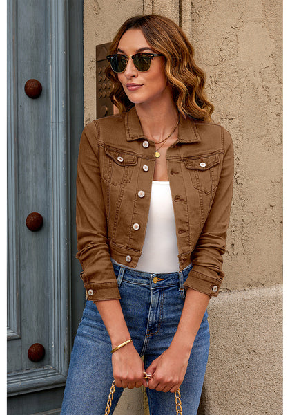 Brown Women's Basic Long Sleeves Fitted Denim Cropped Jacket
