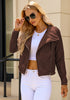 Cappuccino Brown Women's Faux Leather Long Sleeve Motorcycle Biker Warm Jacket