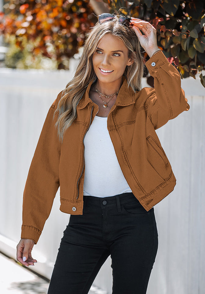 Almond Brown Women's Brief Relaxed Trucker Croped Zip Up Denim