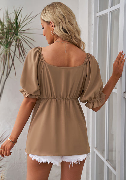 Tawny Brown Blouses for Women Business Causal Peplum Dressy Tops Ruffle Puff Sleeve Elegant Work Tunic