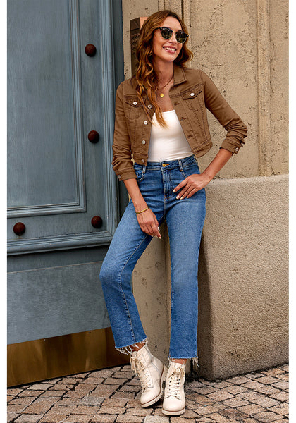 Brown Women's Basic Long Sleeves Fitted Denim Cropped Jacket