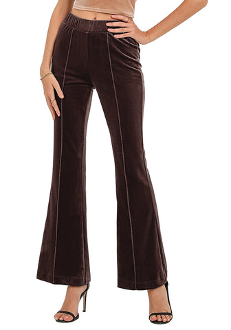 Chocolate Brown Women Elastic Waist High Waisted Flare Seam Slack Pant