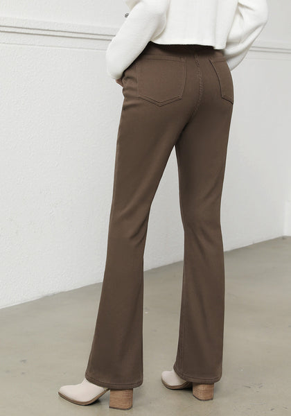 Brown Bootcut High Waisted Denim Pants Stretchy Fleece-Lined Pants