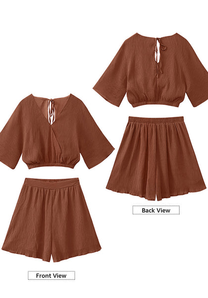 Almond Brown Women's 2 Piece Outfit Textured Crop Tops Elastic Waist Flowy Shorts