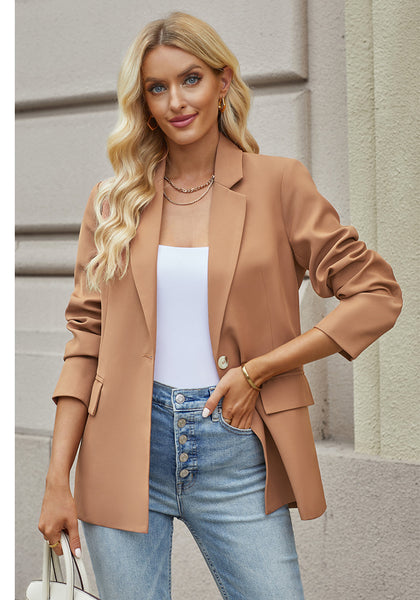 Almond Brown Women's Office Casual Long Sleeve Pocket Blazer Jacket