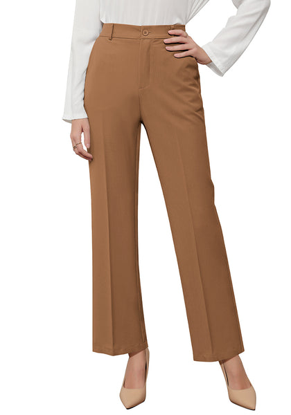 Pecan Brown Women's Business Casual High Waisted Straight Leg Stretchy Elastic Waist Trousers