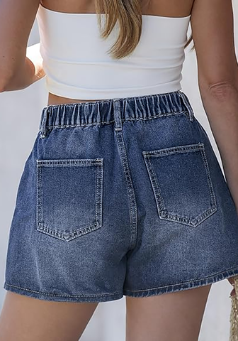 LookbookStore Reef Blue High Waisted Baggy Wide Leg Denim Shorts Women Elastic Waist Mom Jorts 4" Inseam Summer Casual