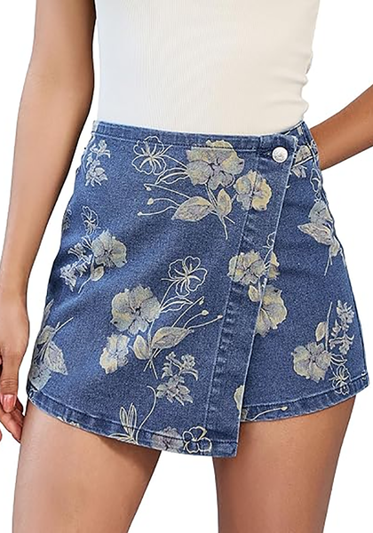 LookbookStore Women's Classic Wash-hibiscus Denim Skorts Trendy Floral Print Faux Wrap High Waisted Stretchy Elastic Waist Jean Skort