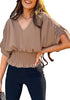 Pecan Brown Women's Ruffle Sleeve V Neck Button Down Blouse Shirt Casual Work