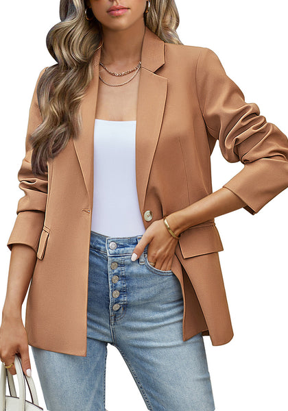Almond Brown Women's Office Casual Long Sleeve Pocket Blazer Jacket