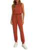 Orange Rust Women's Sleeveless Drawstring Jumpsuit with Stretchy Long Pants Jogger