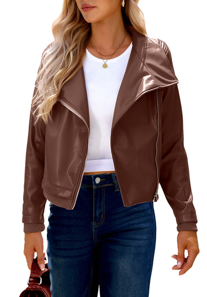 Cappuccino Brown Women's Faux Leather Long Sleeve Motorcycle Biker Warm Jacket