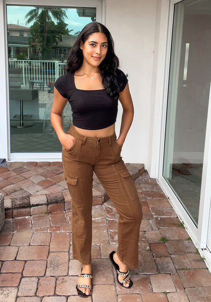 Almond Brown Women's Straight Leg Cargo Pants Casual Y2K High Waisted Styles