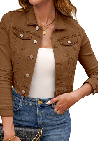Brown Women's Basic Long Sleeves Fitted Denim Cropped Jacket