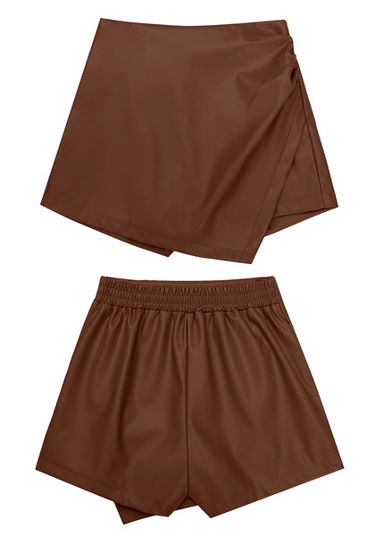 Rustic Brown Women's High Waisted Faux Leather Skorts Elastic Waist Curvy Shorts