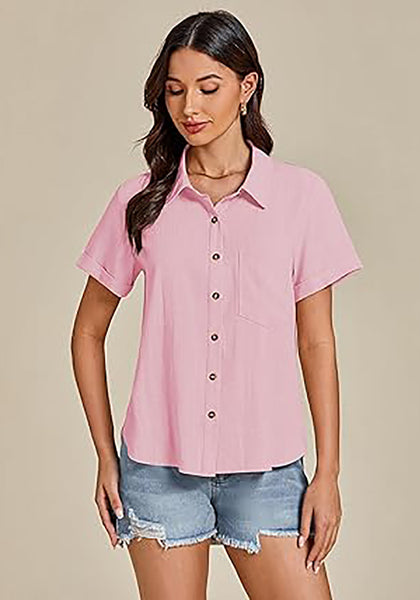 Pink for Women's Lapel Button Front Short Sleeve Top Casual Blouse Button-Down Shirt