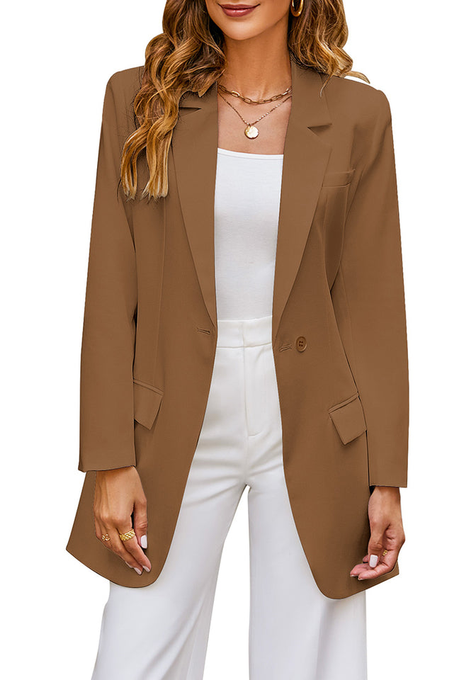 Amber Brown Women's Casual Long Suit Jacket Belted Fashion Office Blaz –  Lookbook Store