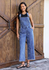 LookbookStore Women's Heart Medium Blue Embroidered Denim Overalls, Loose Fit Wide Leg Capri Bib Overall, Stretchy Raw Hem Summer Jean Jumpsuit
