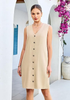 LookbookStore Women's Beige Knee Length Linen Dress – Sleeveless V Neck Button Down, Self Tie Waist & Side Pockets