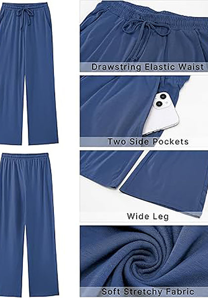 Blue  Women's Casual Elastic Waist Full Length Relaxed Fit Stretch Wide Leg Pants Side Pocket