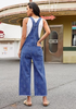 LookbookStore Women's Floral Classic Blue Embroidered Denim Overalls, Loose Fit Wide Leg Capri Bib Overall, Stretchy Raw Hem Summer Jean Jumpsuit