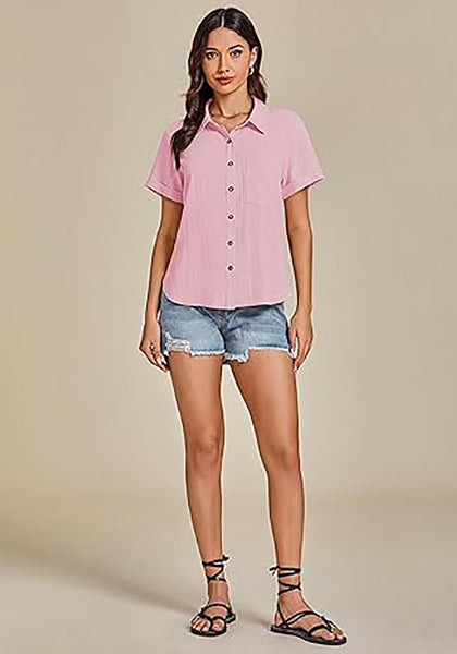 Pink for Women's Lapel Button Front Short Sleeve Top Casual Blouse Button-Down Shirt