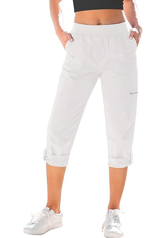 Ivory White Women Waist High Waist Slight Stretch Capri Elastic Wais