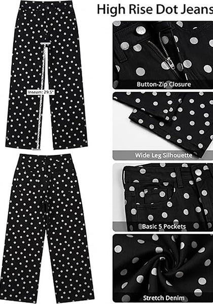 LookbookStore Wide Leg Jeans for Women High Waisted Polka Dot Stretch Denim Pants | Polka Dot, 90s Baggy Straight, High Rise, 29.5 Inch Inseam, Stretchy Jean Pants, Classic 5 Pockets, Business Casual Outfits