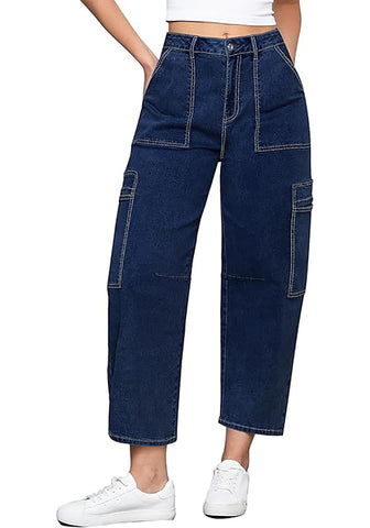 Nightfall Blue Women's Jeans Denim Relaxed Straight Ankle Length Barrel Cargo Pant