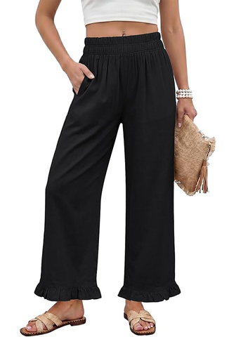 LookbookStore Women Black High Waist Linen Pants Wide Leg Ruffle Hem Elastic Waist Cropped Ankle Beach Summer Casual Pants