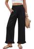 LookbookStore Women Black High Waist Linen Pants Wide Leg Ruffle Hem Elastic Waist Cropped Ankle Beach Summer Casual Pants