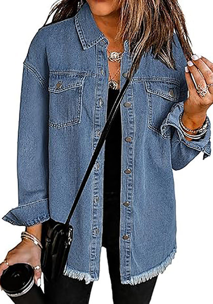 Medium Blue Button Down Tunic Denim Shirt Jacket