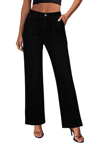 True Black Women's Casual Full Length High Waist Relaxed Fit Wide Leg Slight Stretch Jeans with Pocket