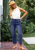 Classic Blue Women's Cropped Denim High Waisted Jeans Pull On Straight Leg Stretch Barrel Jeans