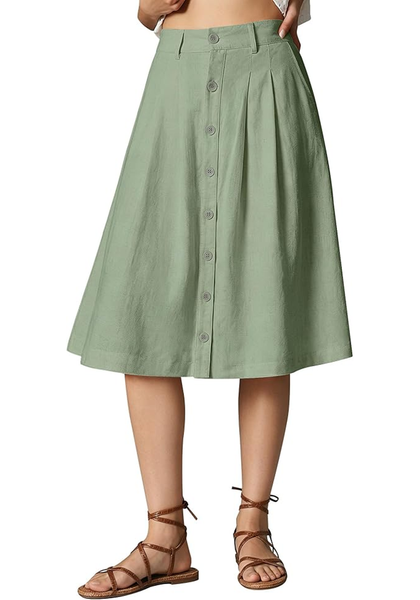 LookbookStore Women Sage Green Pleated Linen Midi Skirt Elastic High Waist A Line Summer Skirt with Pockets