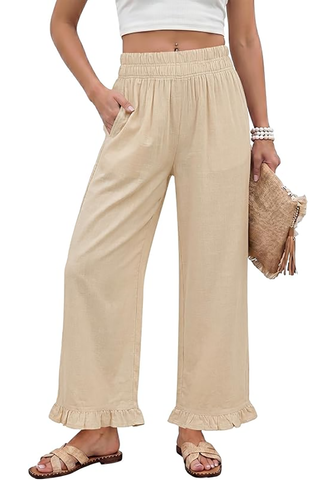 LookbookStore Women Beige High Waist Linen Pants Wide Leg Ruffle Hem Elastic Waist Cropped Ankle Beach Summer Casual Pants