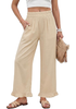 LookbookStore Women Beige High Waist Linen Pants Wide Leg Ruffle Hem Elastic Waist Cropped Ankle Beach Summer Casual Pants