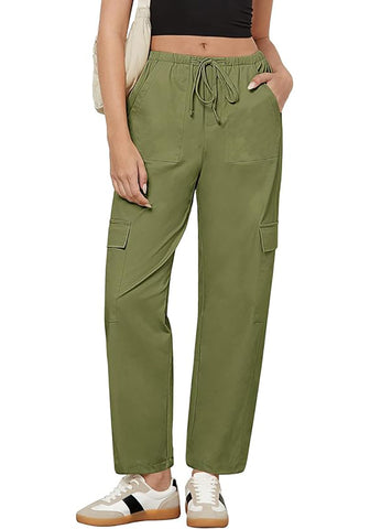 Olive Green Women's Relaxed Fit Drawstring Regular Full Length Hiking Casual Baggy Pant