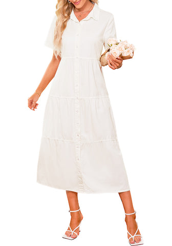 Brilliant White Women's Button Down Casual Babydoll Vacation Denim Long Dresses