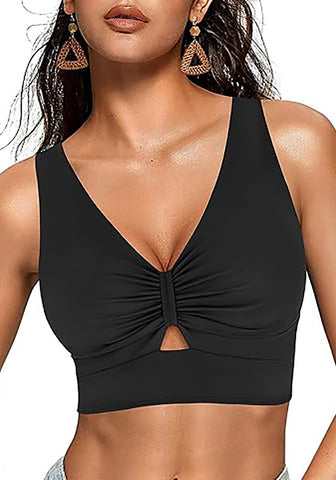 Women's Cropped Tankini Top Bow Knot Cut out Ruched Bikini