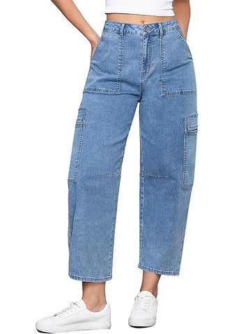 Bay Blue Women's Jeans Denim Relaxed Straight Ankle Length Barrel Cargo Pant